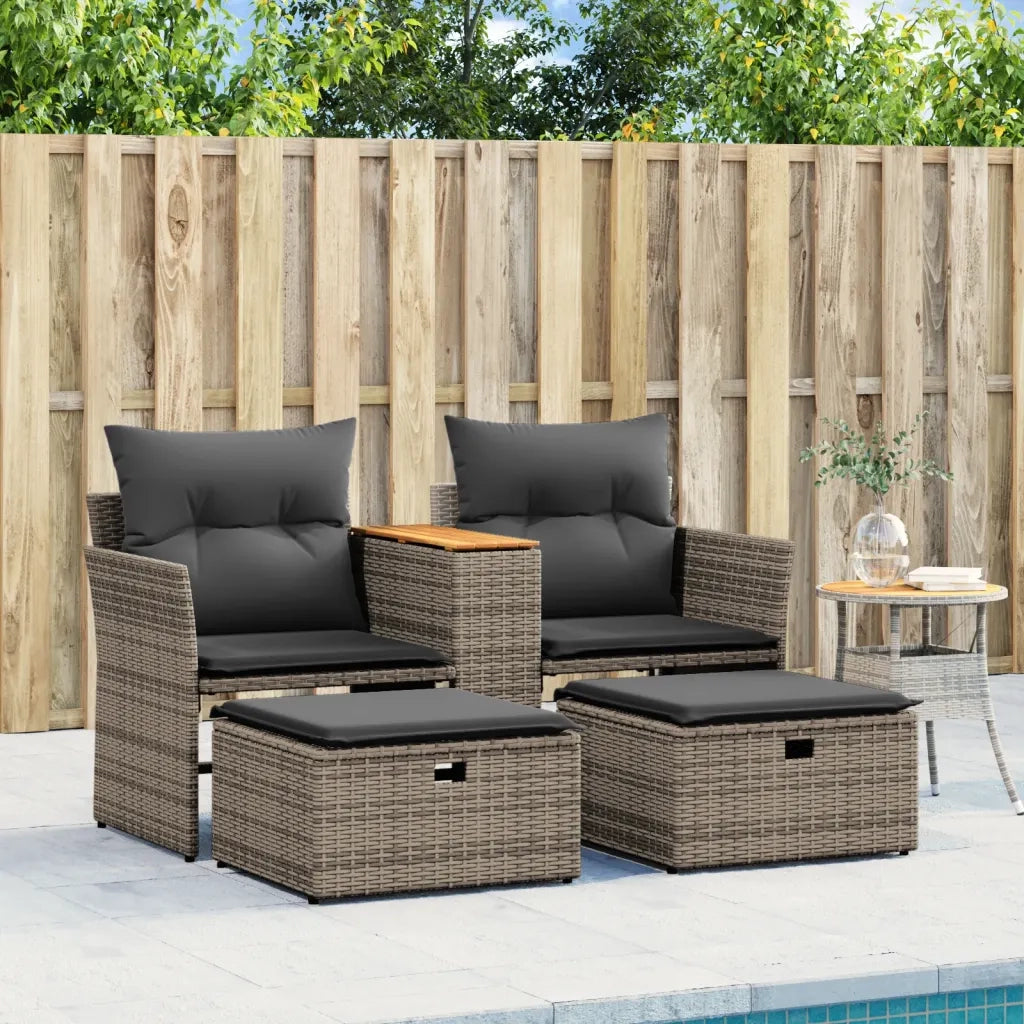 Divano da Giardino 2 Posti con Sgabelli Grigio in Polyrattan 365804