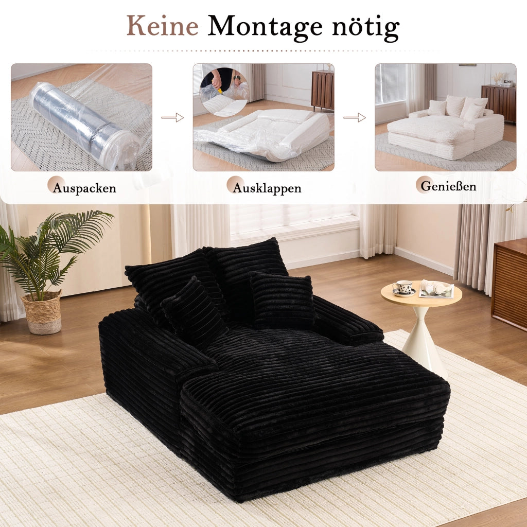 Méridiana in tessuto a coste con 4 cuscini sfoderabili e supporto ergonomico in schiuma nera 175 × 137 × 63 cm