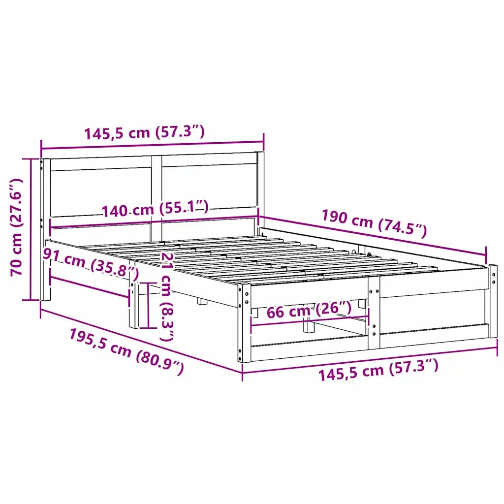 Letto matrimoniale | Letto per adulti | Struttura del letto Naturale 140 x 190 cm Pino massello