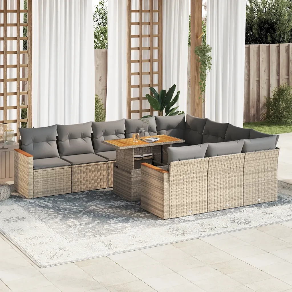 Set Divani da Giardino 11pz con Cuscini Beige Acacia Polyrattan 3327538