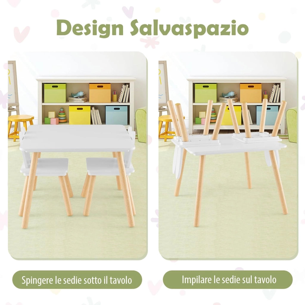 Set Tavolino Bambini con 2 Sedie a Coniglio, Set Tavolo e Sedie per Bambini con Gambe in Legno di Pino, per Bambini da 3 a 6 Anni, per Giocare, Disegnare e Leggere, Bianco