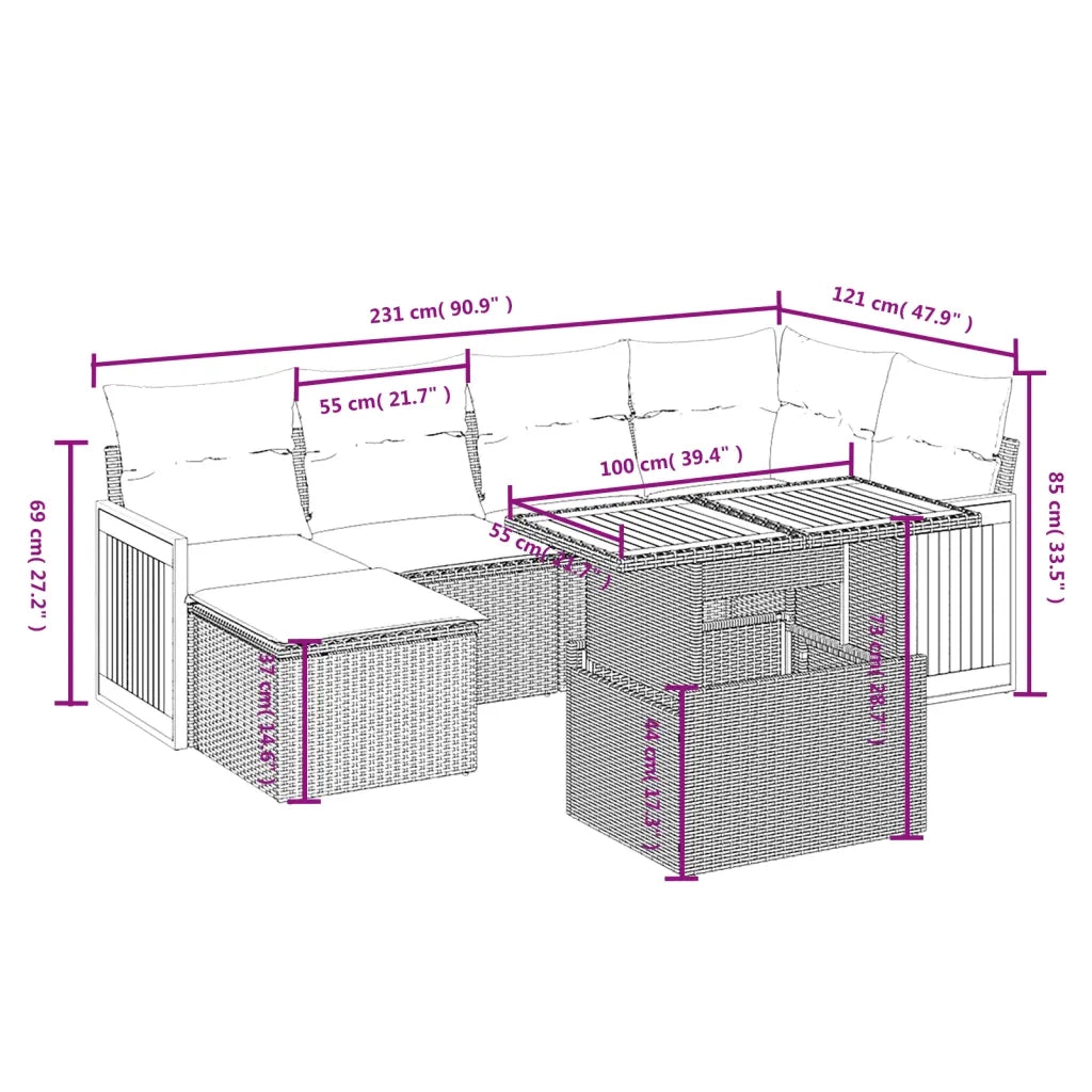 Set Divani da Giardino 7 pz con Cuscini Beige in Polyrattan 3274062