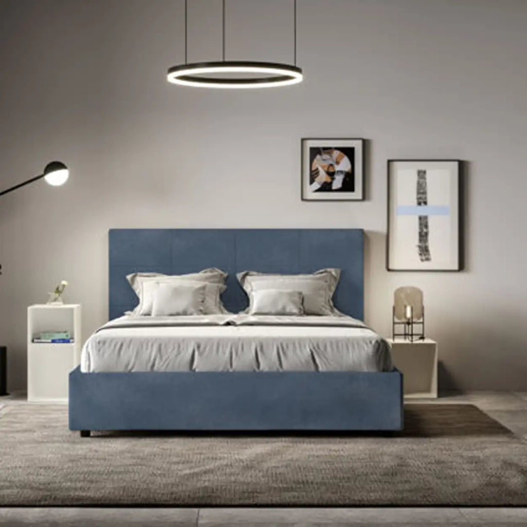 Letto matrimoniale francese con rete imbottito 140x200 microfibra blu Mika