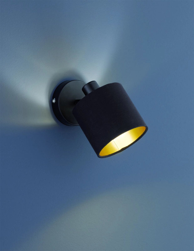 TOMMY SPOT SINGOLO CON DIFFUSORE PARALUME NERO INTERNO ORO BASE METALLO NERO OPACO H.19CM 1 LUCE ATTACCO E14