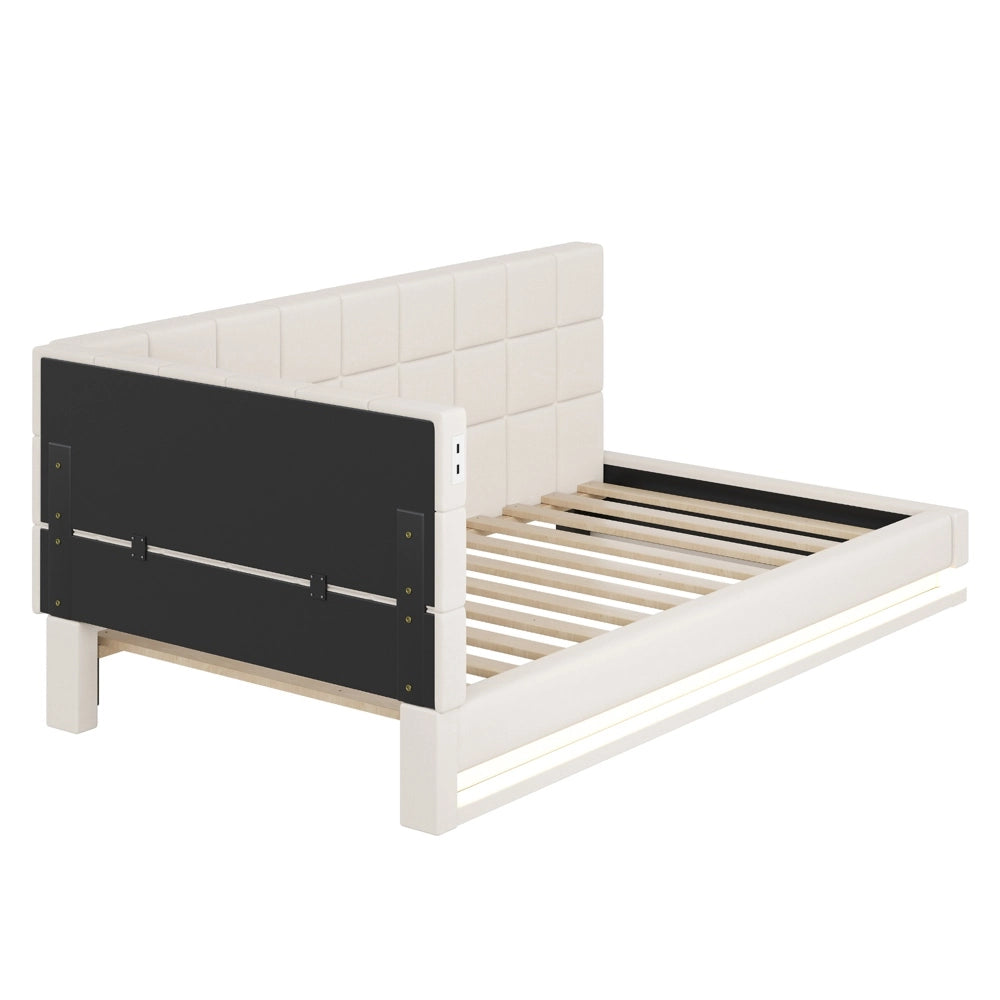 Divano letto 90x200cm - Xylo - velluto beige, LED, USB, doghe
