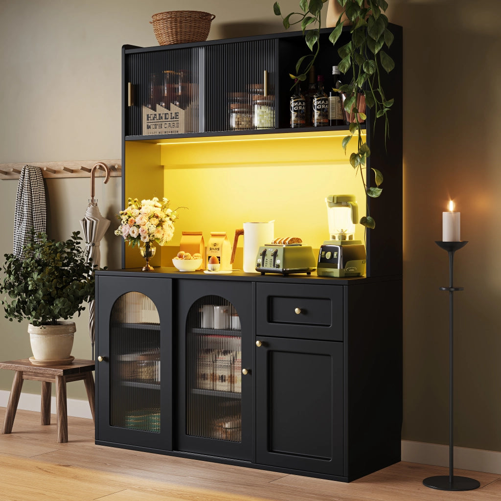 Credenza con LED ¨C MINIMAL ¨C Nero, Ante a Vetro, Ripiani Regolabili