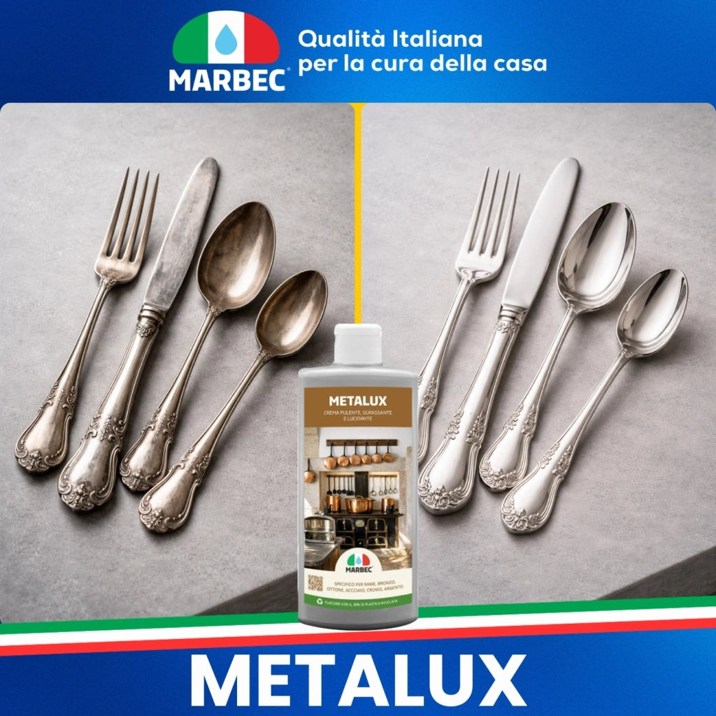 Crema lucidante metalli, pulizia e brillantezza in un solo gesto, ideale per rame e acciaio Marbec METALUX - 250GRx6Pz