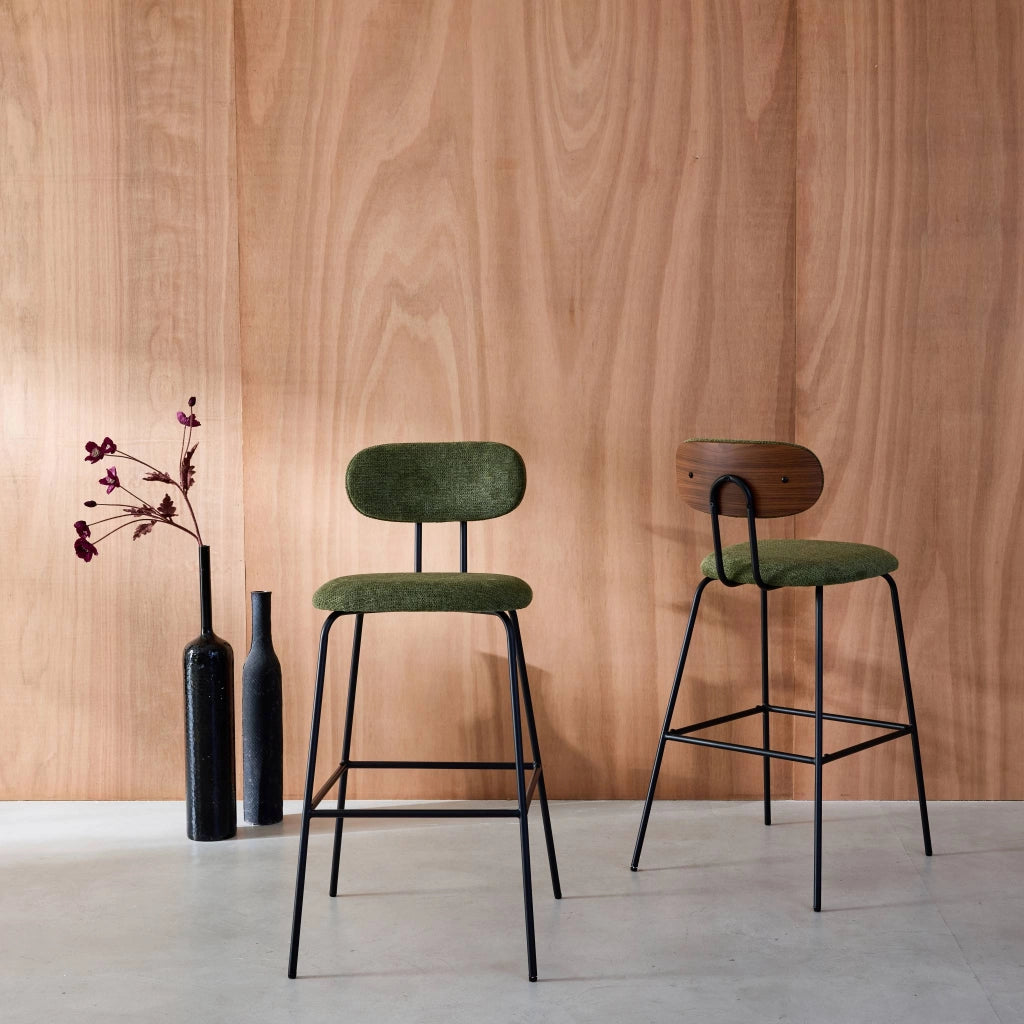 Set di 2 sgabelli da bar legno curvato tinto noce e tessuto