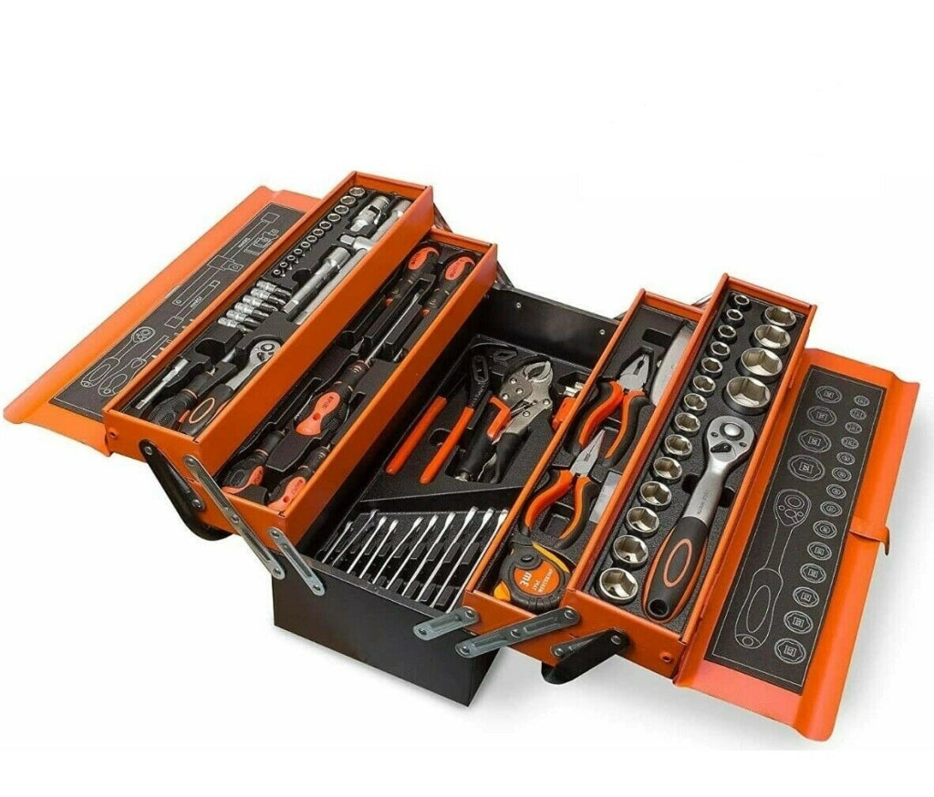 SET CASSETTA DA TRASPORTO ATTREZZI CHIAVI BUSSOLE CACCIAVITI PINZE PUNTE 85 PZ
