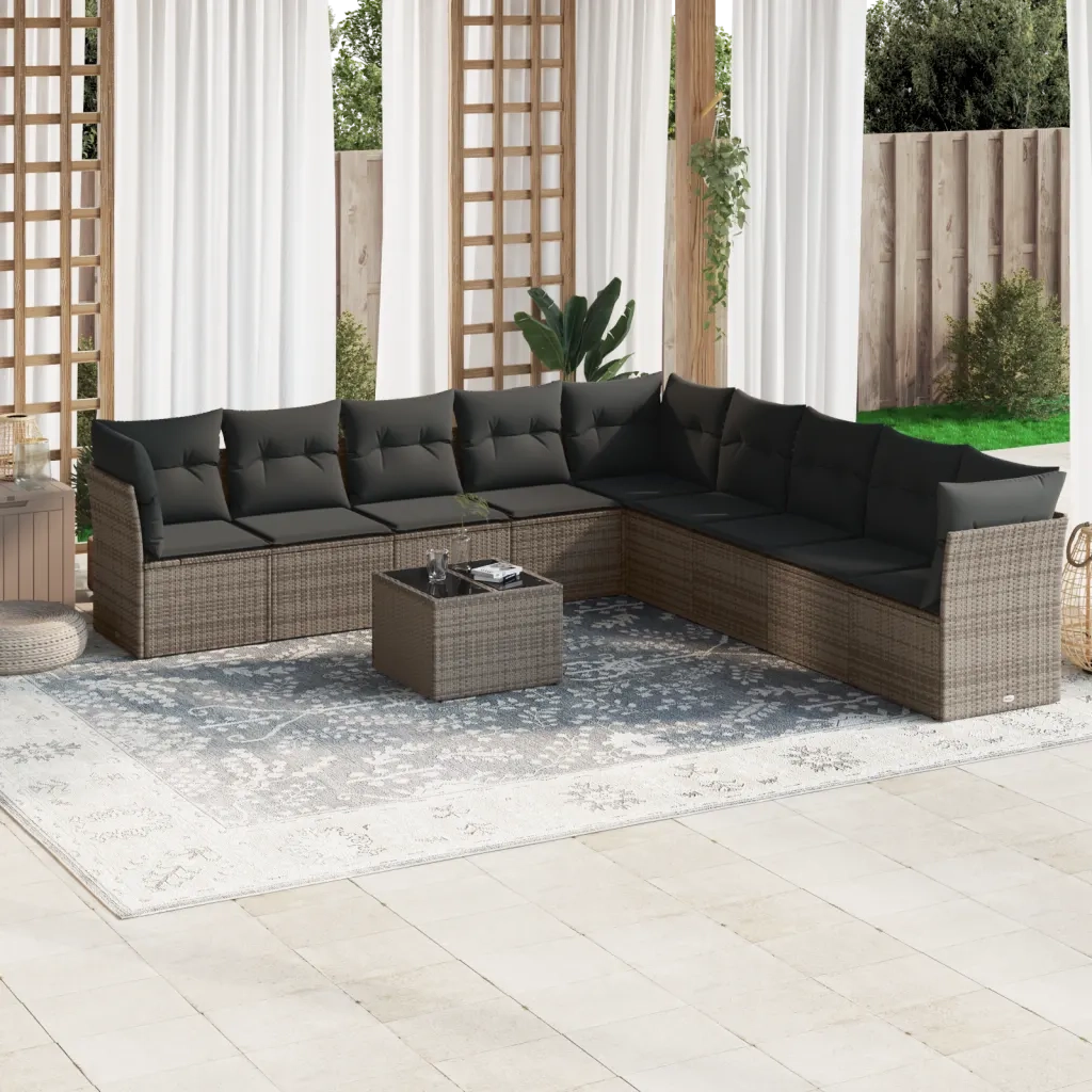Set Divano da Giardino 10 pz con Cuscini Grigio in Polyrattan