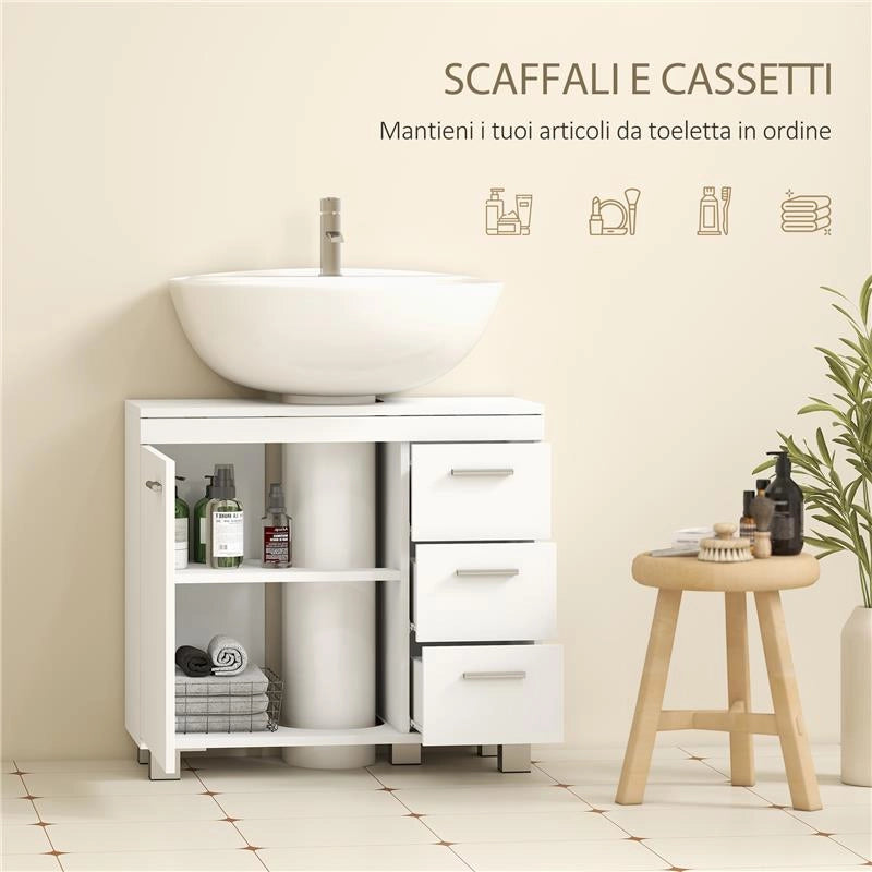 MOBILE SOTTOLAVABO BAGNO CON ARMADIETTO, RIPIANI E CASSETTI, BIANCO