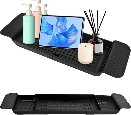 Caddy per vasca da bagno in plastica - Nero - Resistente allo scorrimento - Progettata per il drenaggio - Disegno compattato - Caddy per la vasca da bagno