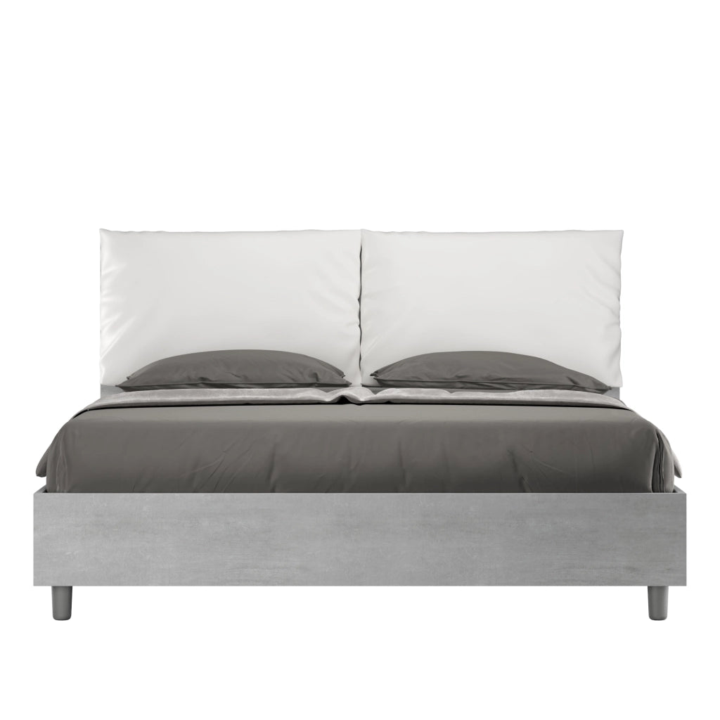 BS COM Letto matrimoniale con rete 160x190 Cemento cuscini similpelle bianco