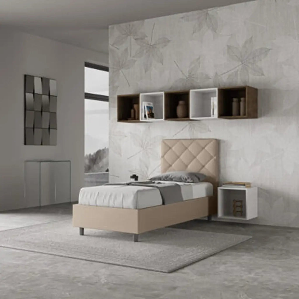 Letto singolo senza rete imbottito 90x190 similpelle tortora Priya