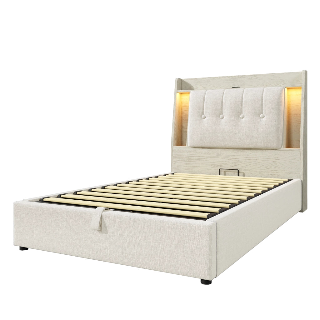 Letto imbottito 90x200 - Xylo - Beige, con funzione di ricarica USB-C