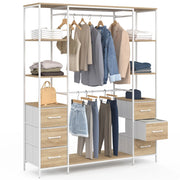 IDMarket - Armadio doppio UTAH + colonna doppia L. 140 cm con 6 ripiani e 6 cestini in legno e tessuto bianco