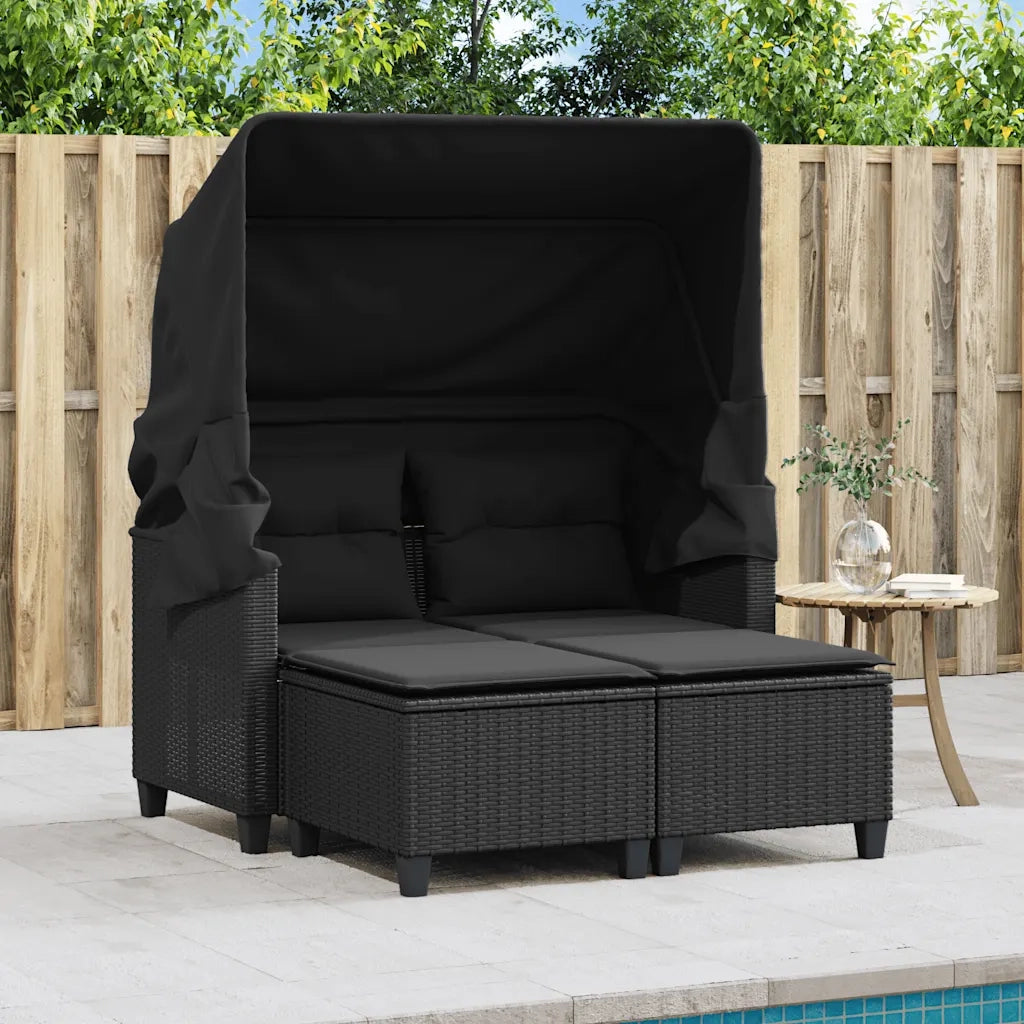 Divano Giardino 2 Posti Baldacchino e Sgabelli Nero Polyrattan 365781