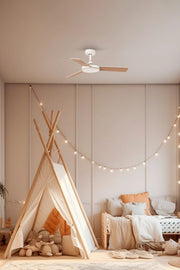 FARO Ventilatore da soffitto Mini Mallorca DC per stanze fino a 13 m² Bianco Opaco Acciaio Inossidabile 316L pale reversibili in compensato acero telecomando incluso 6 velocita funzione inversio
