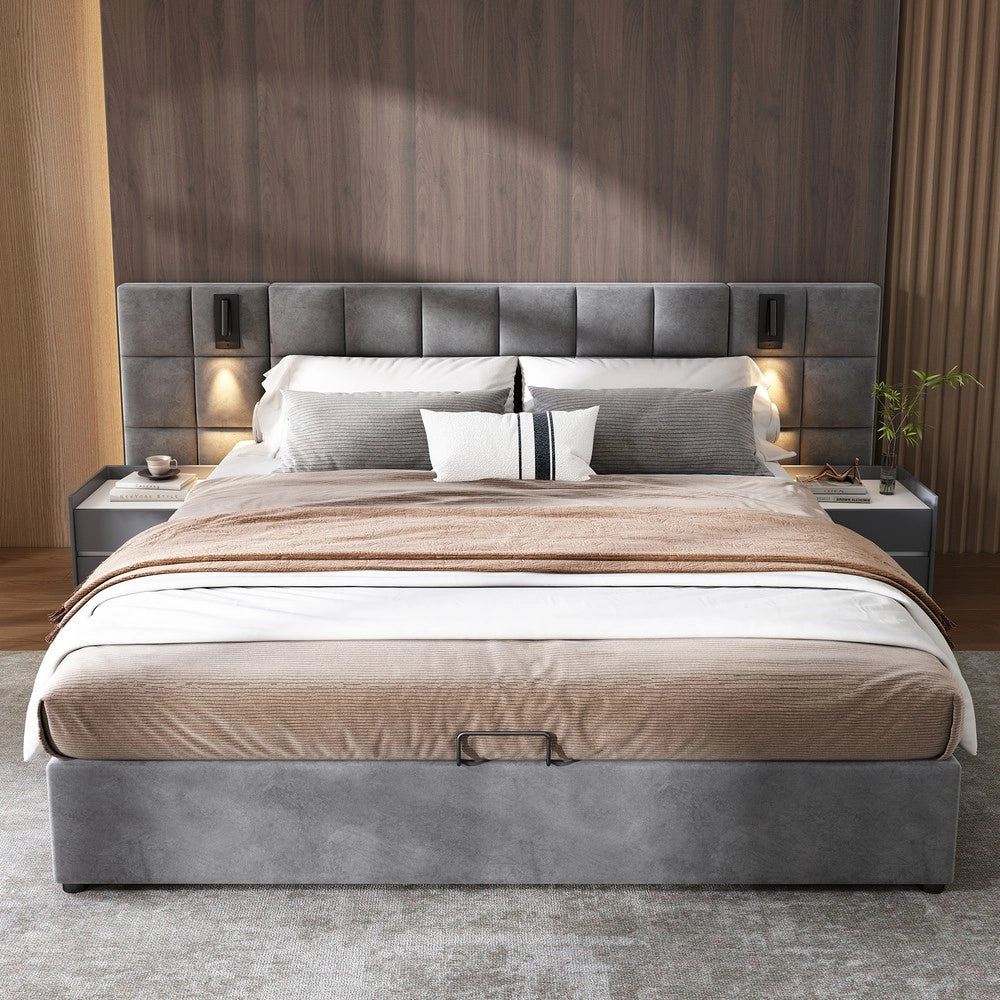 Letto Contenitore Imbottito con LED e USB ¨C Xylo ¨C Velluto Grigio 180x200