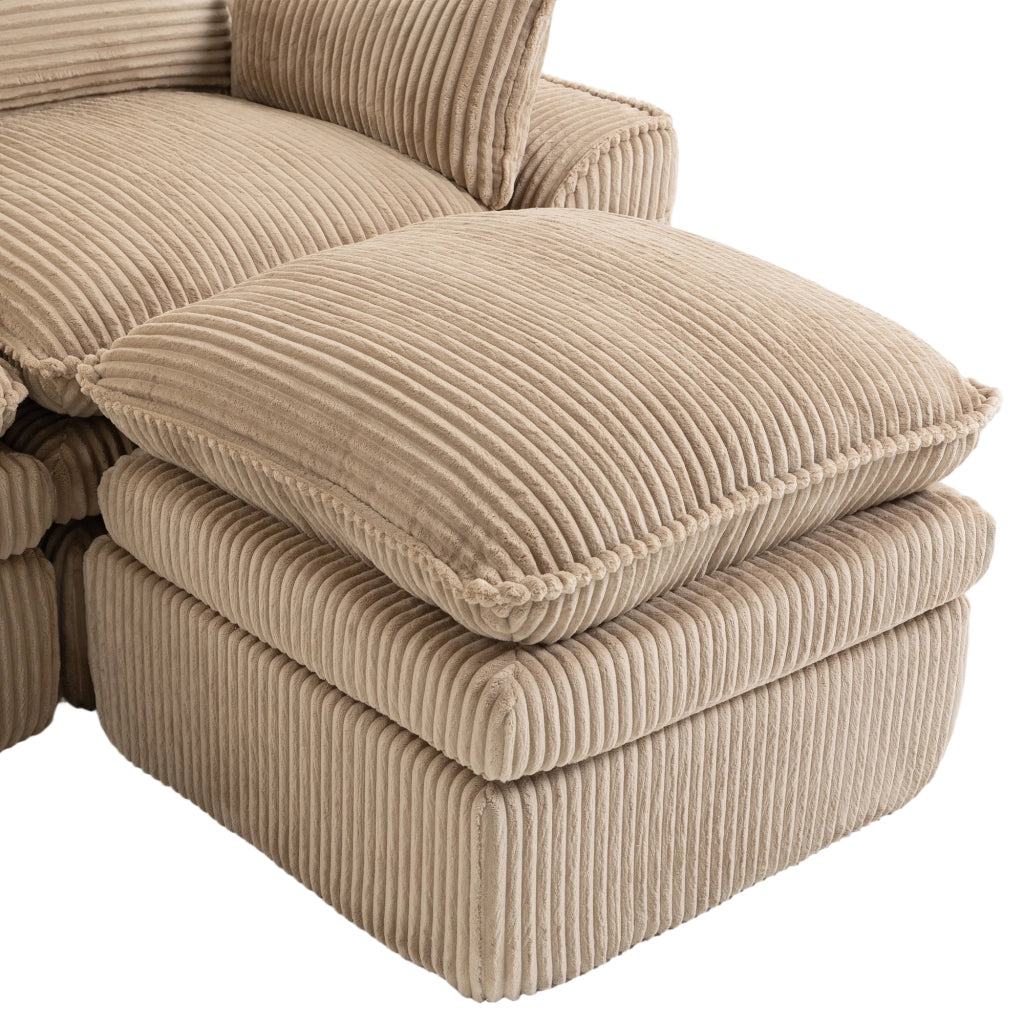Divano modulare 3 posti in tessuto corduroy khaki con pouf, tasche laterali e cuscini