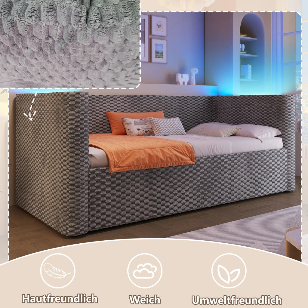 LETTO DAYBED 90x200 cm Velluto Grigio con LED e contenitore idraulico