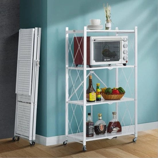 Cassettone pieghevole - Con ruote 360° - Pieghevole - Bianco - 4 livelli 72x36x125CM - Armadio a muro - Armadio per cucina - Organizzatore per cucina - Cucina con ripiani (Bianco)