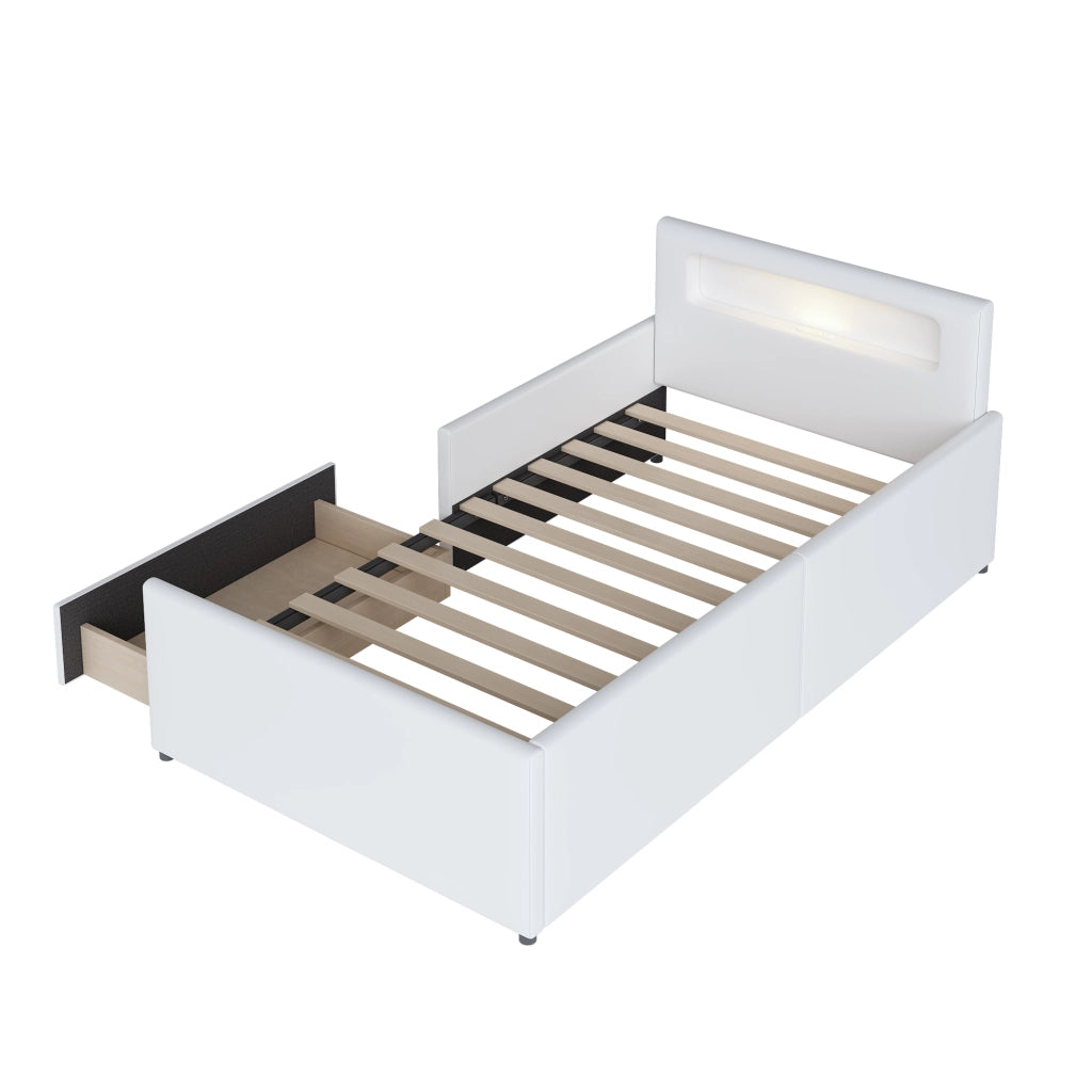 Letto Singolo Imbottito per Bambini con Luce LED e USB ¨C MINIMAL ¨C Similpelle Bianco 90x200
