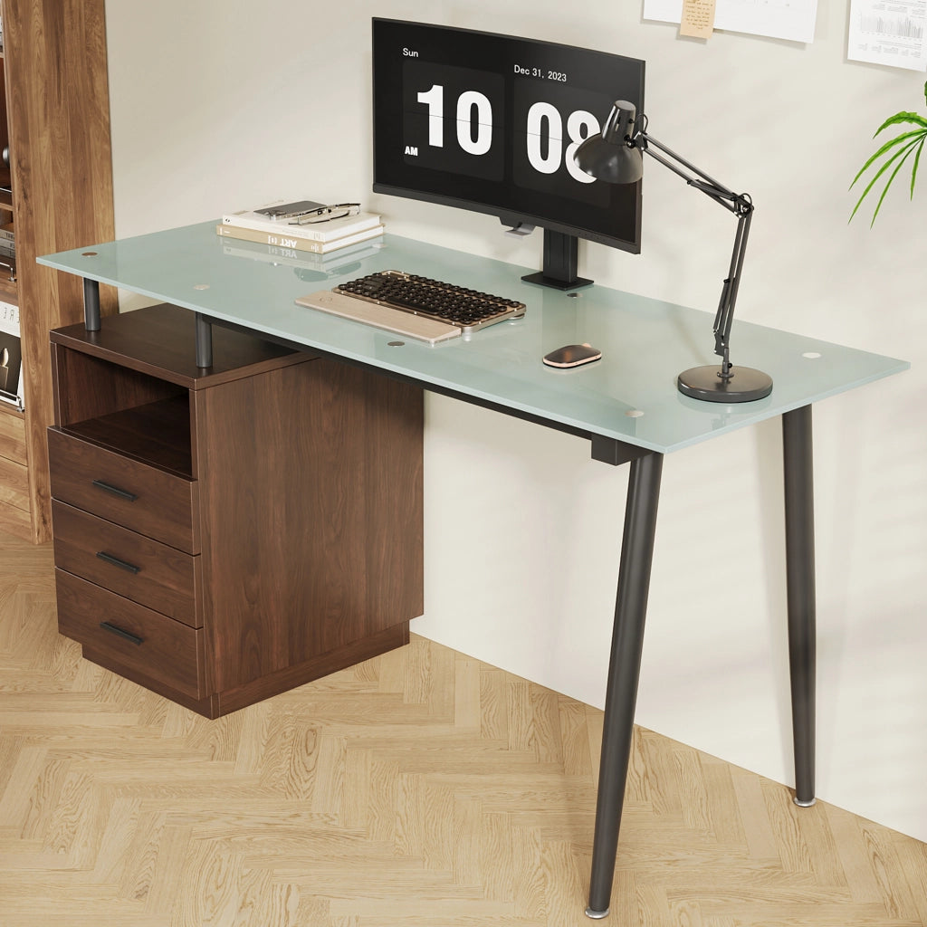 Scrivania con 3 cassetti e vano aperto per studio in vetro e MDF 130×50×75 cm marrone