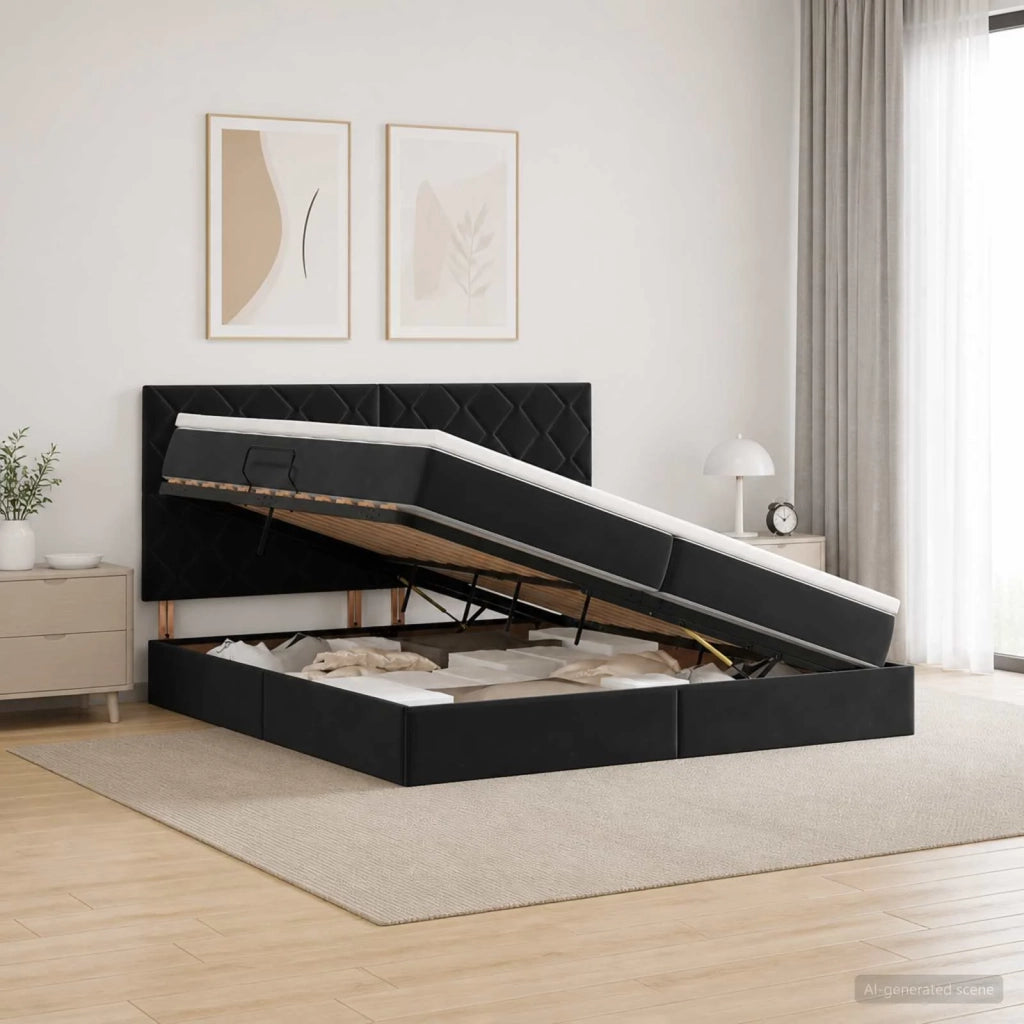 Letto con contenitore e materasso Nero 200 x 200 cm Velluto 3459773