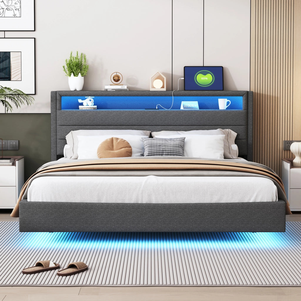 LETTO Imbottito 160x200 cm Grigio con USB e luci LED