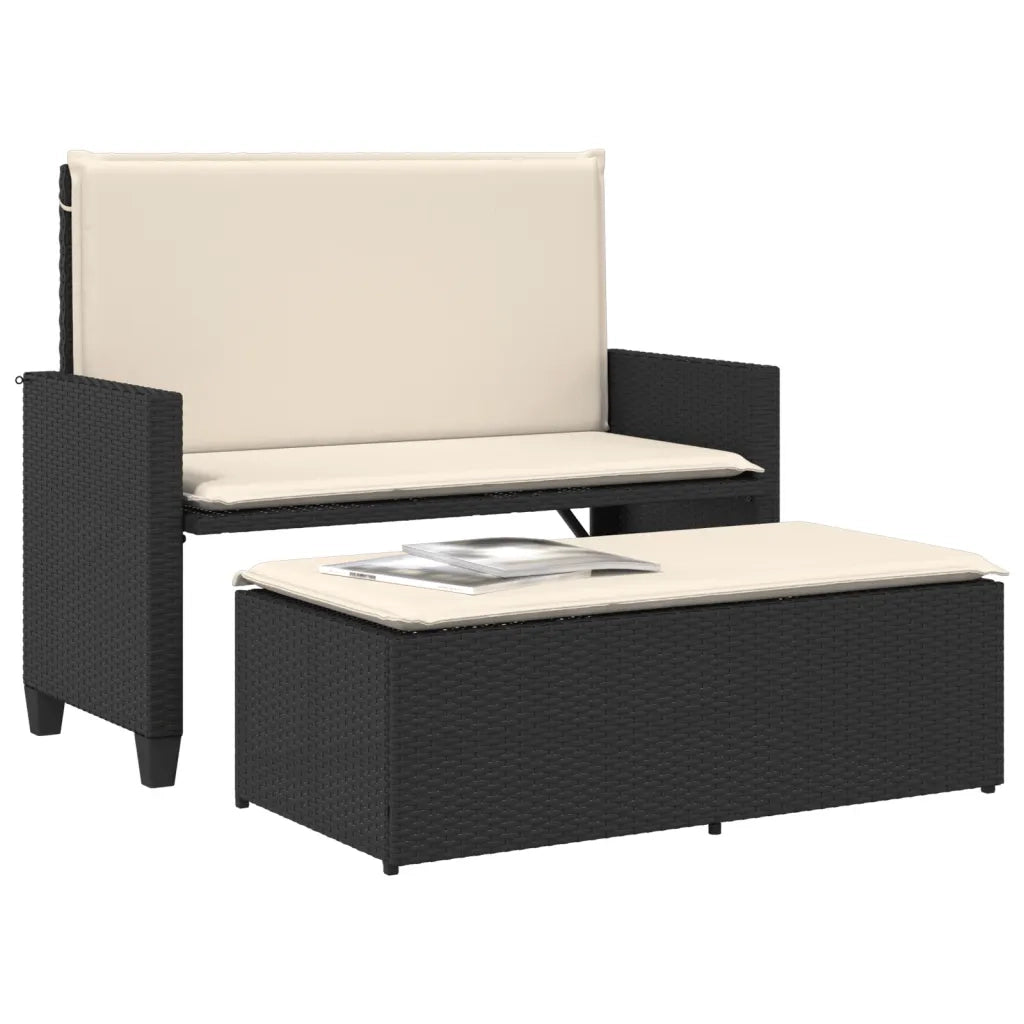 Panca da Giardino con Cuscini e Poggiapiedi Nera in Polyrattan 368407