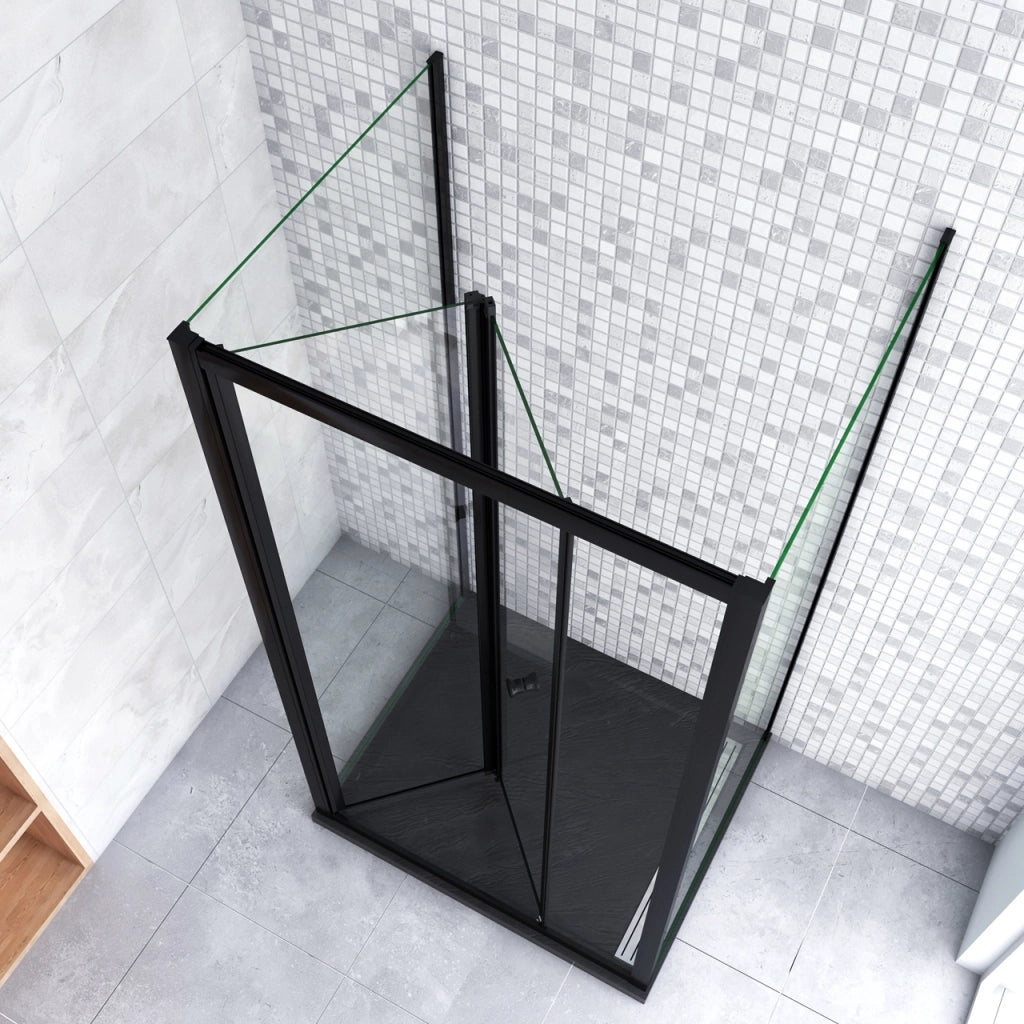 185cm Box Doccia a Tre Lati Porta a Soffietto 76cm con Doppia Parete Fissa 80x80cm in Vetro Temperato Trasparente 5 mm Profilo Nero Opaco