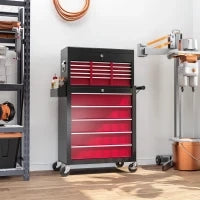 Carrello degli Attrezzi, Diviso in Due Parti, con Serratura, 14 Cassetti, Pannello Forato, Acciaio, Rosso