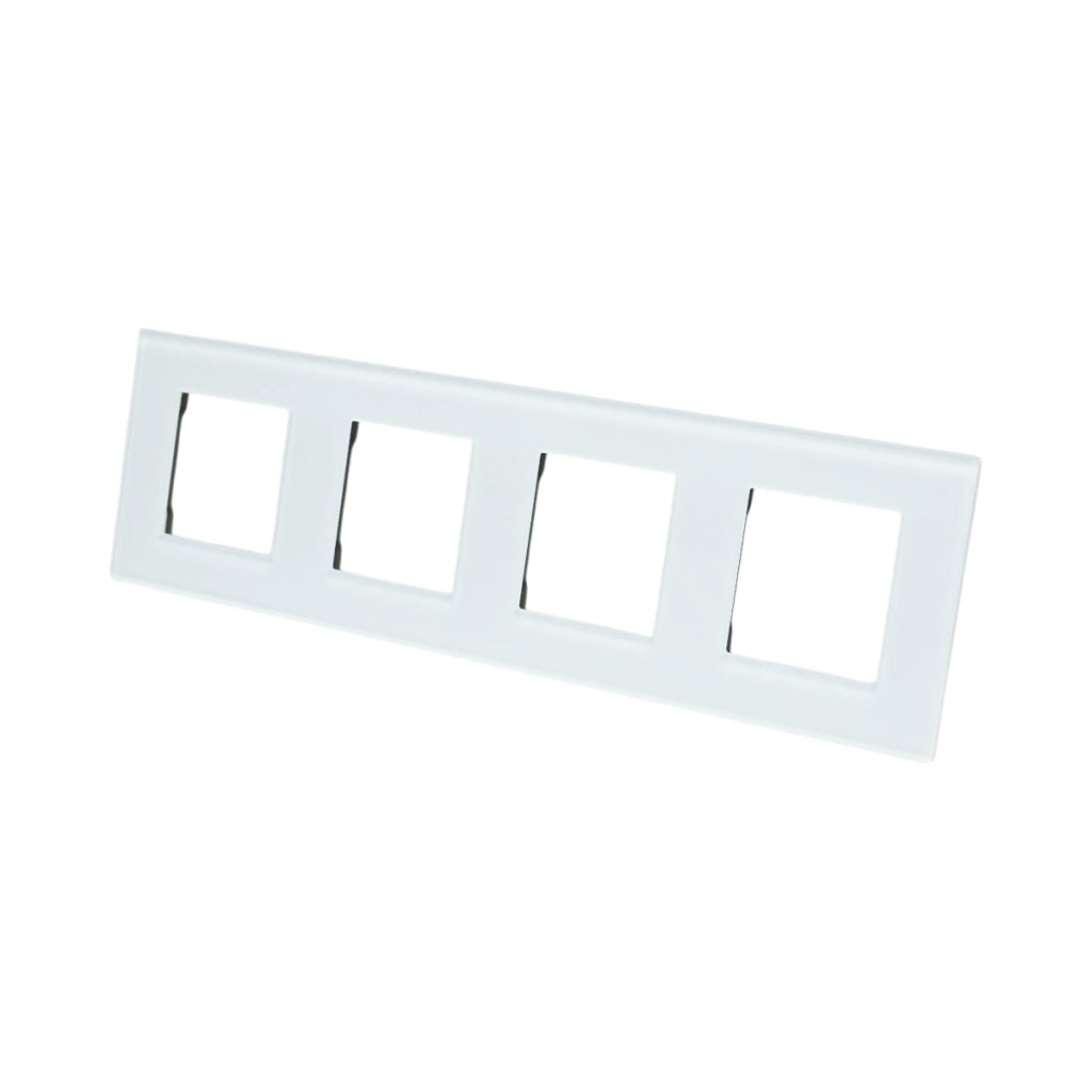 Cornice quadrupla in vetro bianco per presa e interruttore 299x86 mm