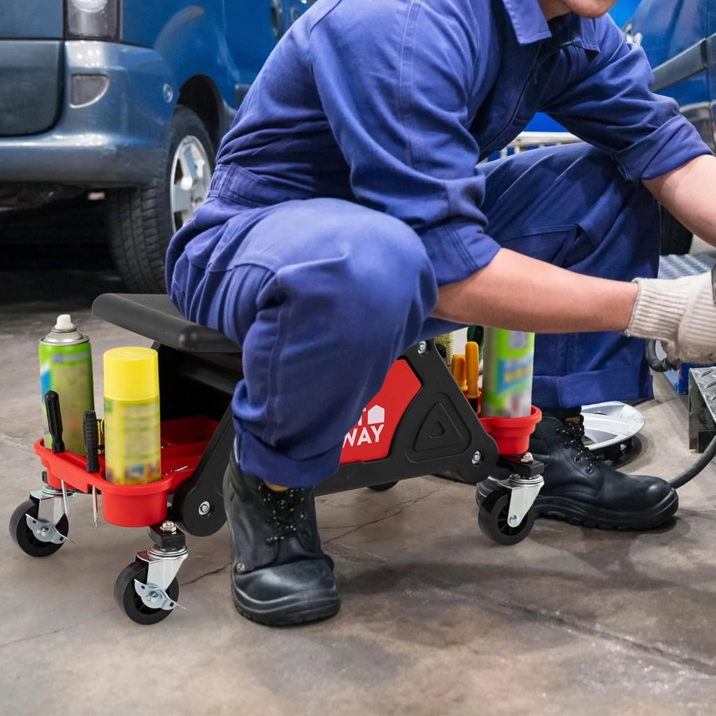 Sgabello da Officina con Ruote, Sedia Meccanico con Cassetto Estraibile e 2 Vassoi Divisori, Capacità di 135 kg, per Riparazione Auto, per Garage e Officina