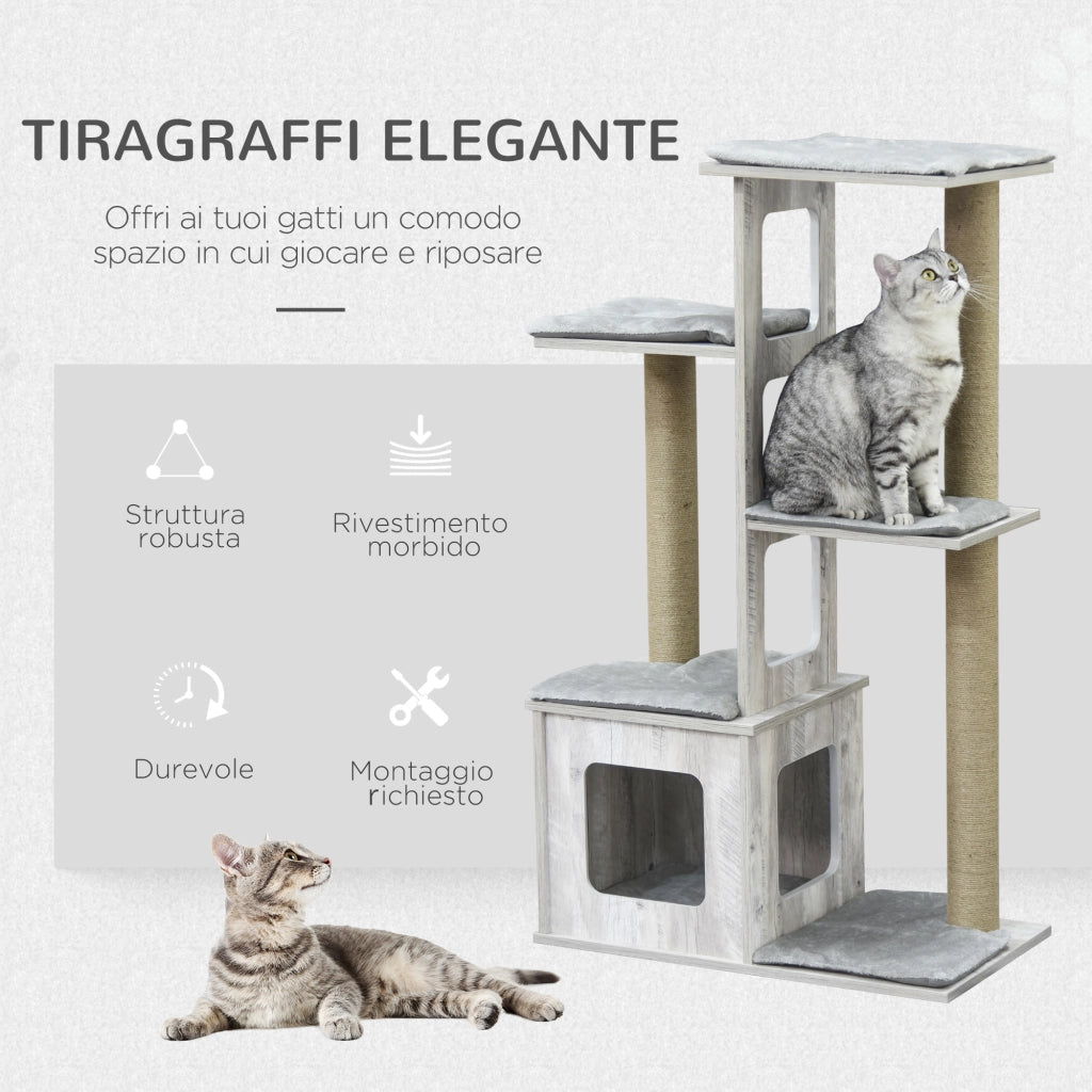 Tiragraffi per Gatti con Cuccia e Corde ¨C Minimal ¨C Grigio 67x38.5x114 cm