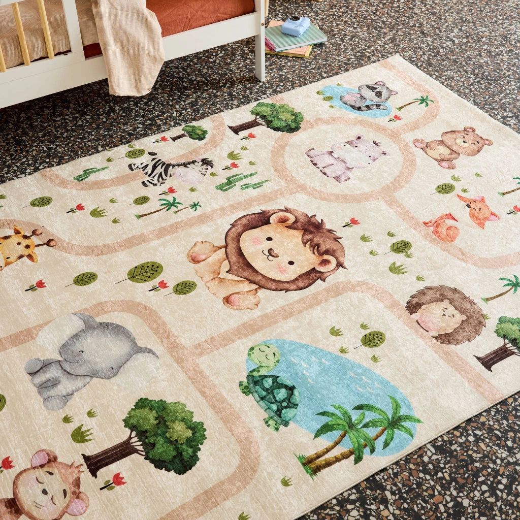Tappeto interno per bambini bianco stampato con animali