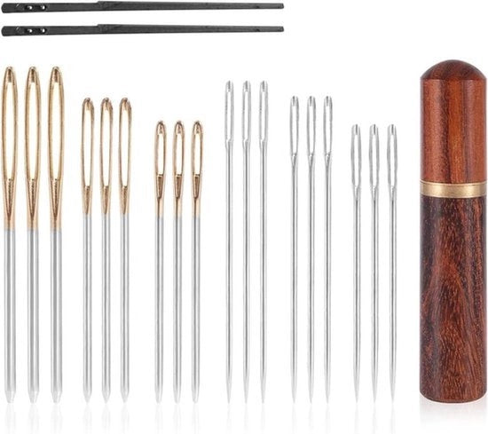 Set di Aghi e Aghiature - Oculare Grande - Acciaio - Tappeto da Parete - Pelle e Quilting - Aghiatura a Mano - Cassetto in Legno - Adatto a vari Progetti con 20 Aghi.