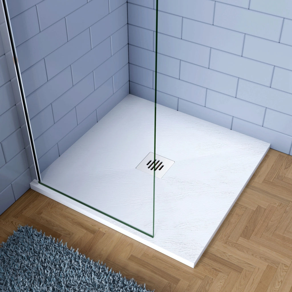 Piatto Doccia Bianco 70x70cm di Spessore da 3 cm in Pietra Artificiale e Mesina Mista Effetto Ardesia Ruvido Piletta e Tubo inclusi