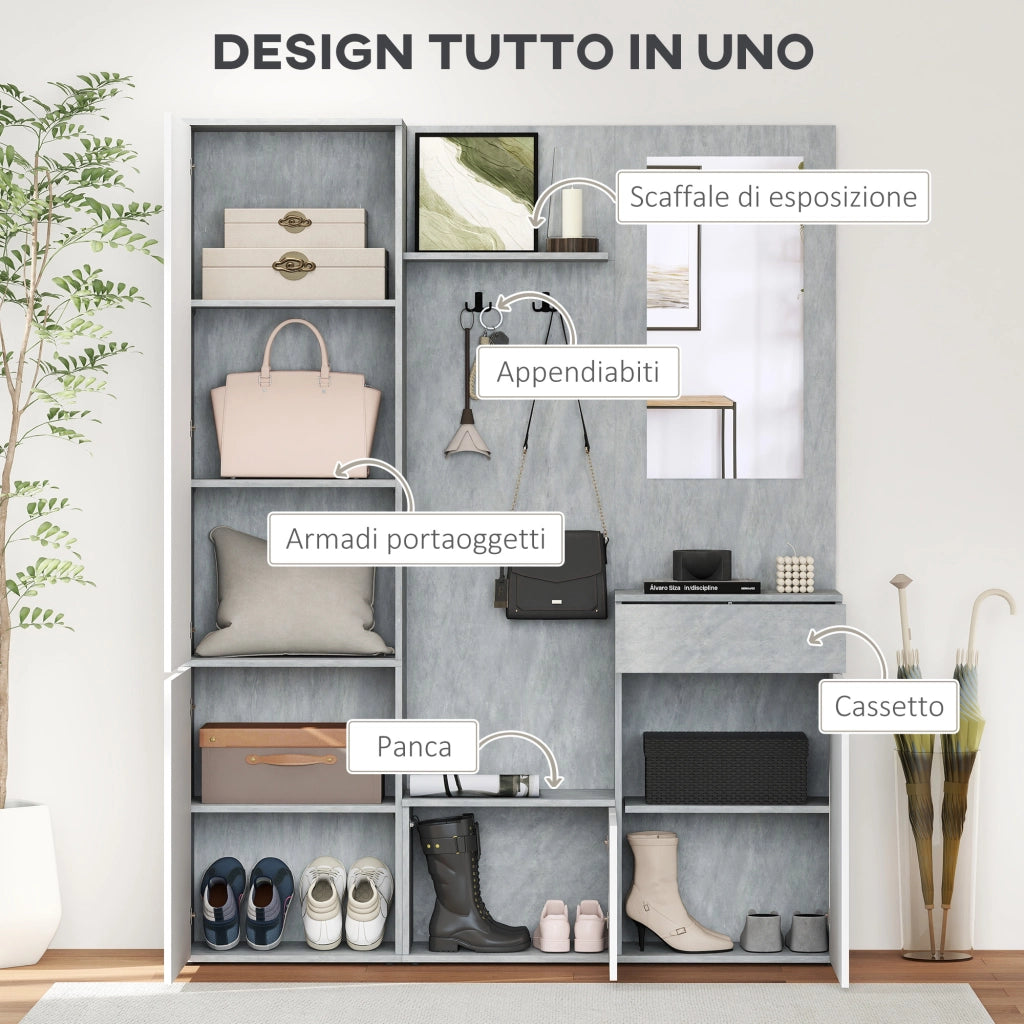 Mobile Ingresso con Specchio, Ganci e Ripiani ¨C Zephmum ¨C Grigio e Bianco, Legno, 145x29x184 cm