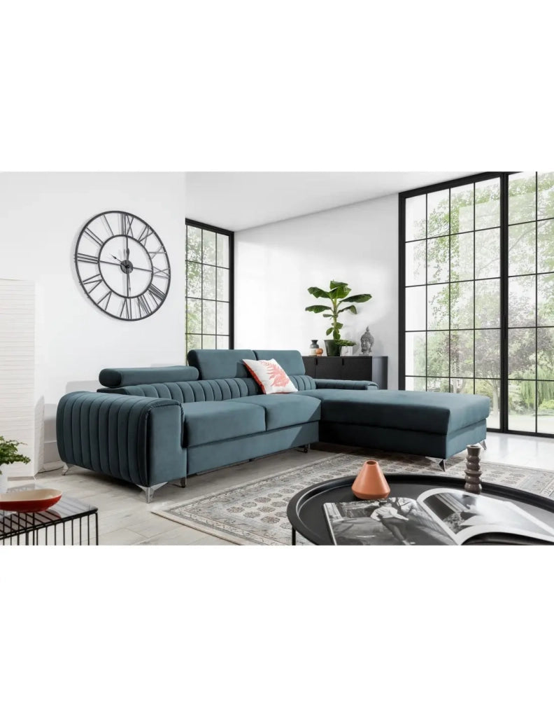 Divano ad angolo destro Blu pavone convertibile 3 posti JAYSON con letto spazioso