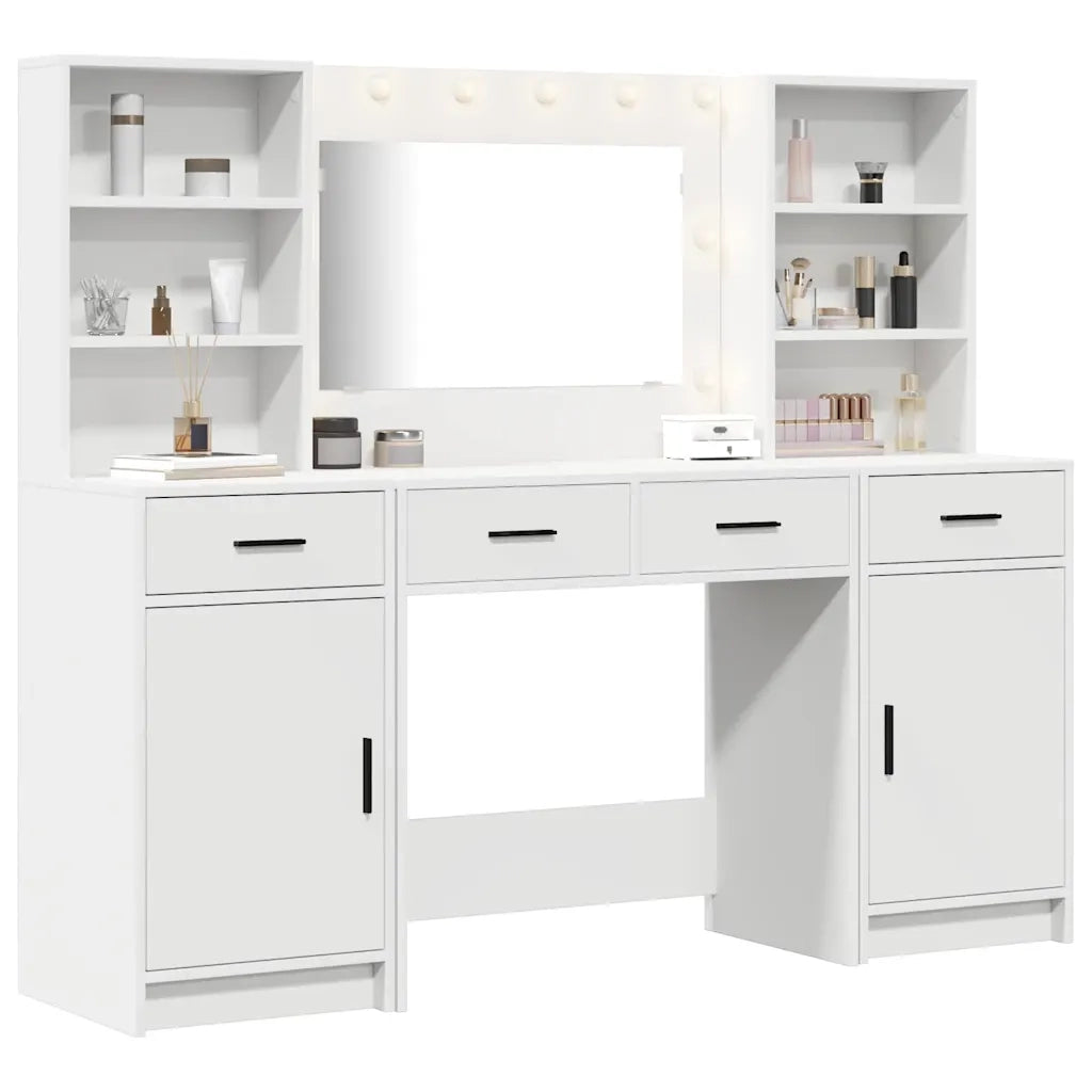 Set da Toeletta | Tavolo da Trucco con LED 3 pz Bianco Legno multistrato