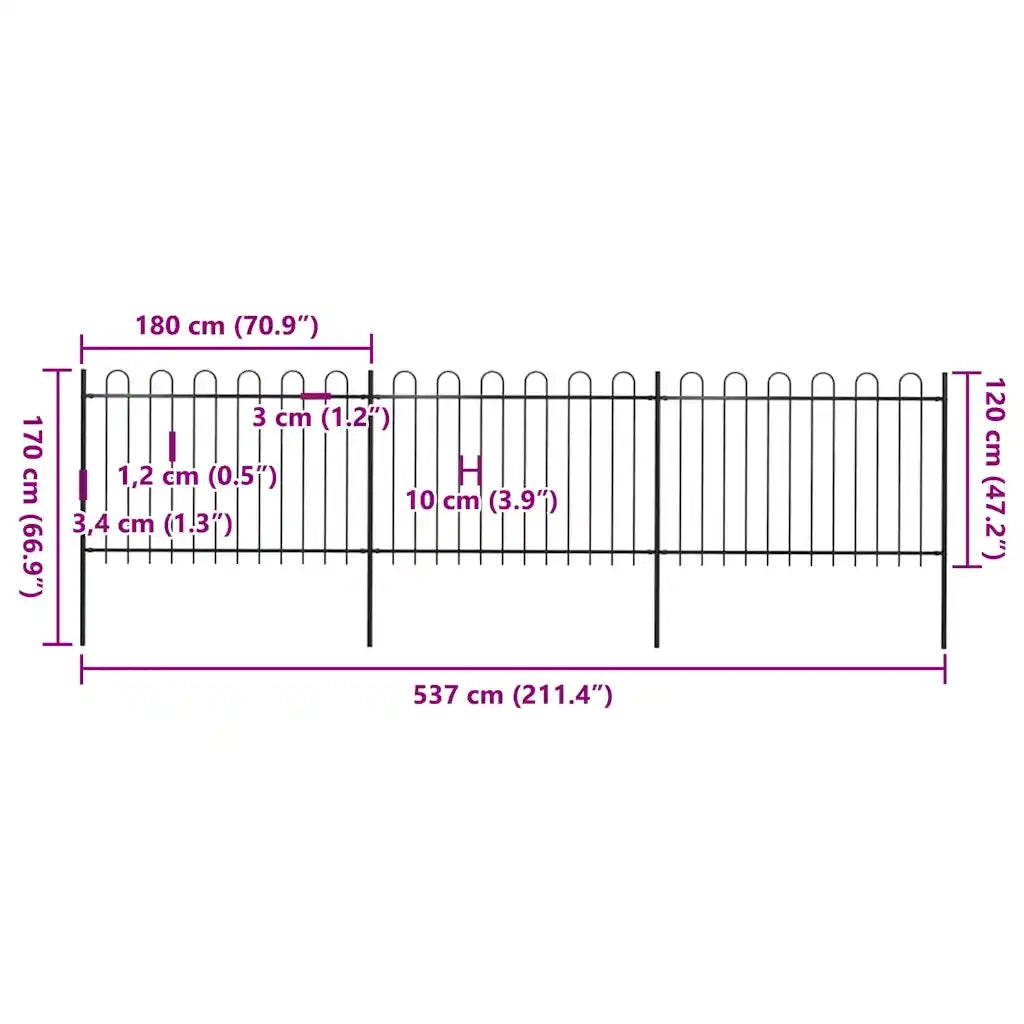 Recinzione da Giardino | Recinzione da cortile con Parte Superiore ad Anello in Acciaio 537x120 cm Nera