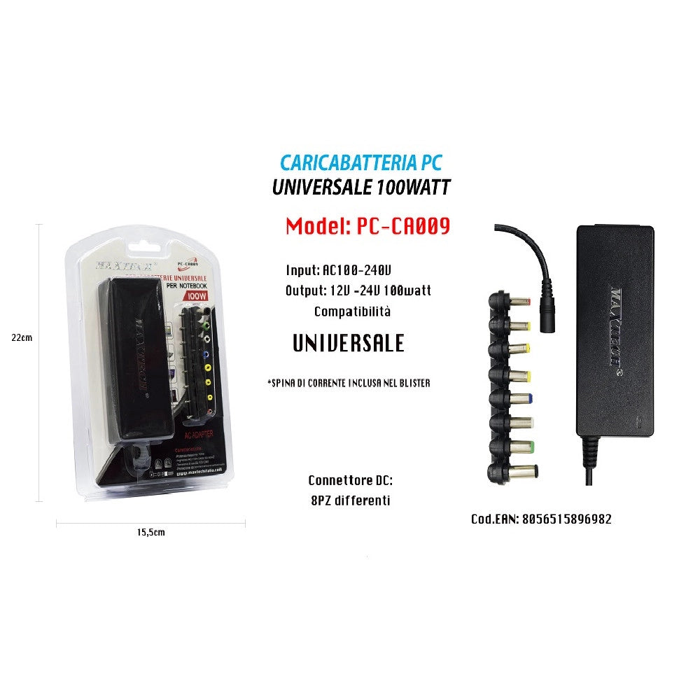 Trade Shop - Adattatore Alimentazione Caricabatteria Universale Pc 100w Notebook Maxtech Pc-ca009 -