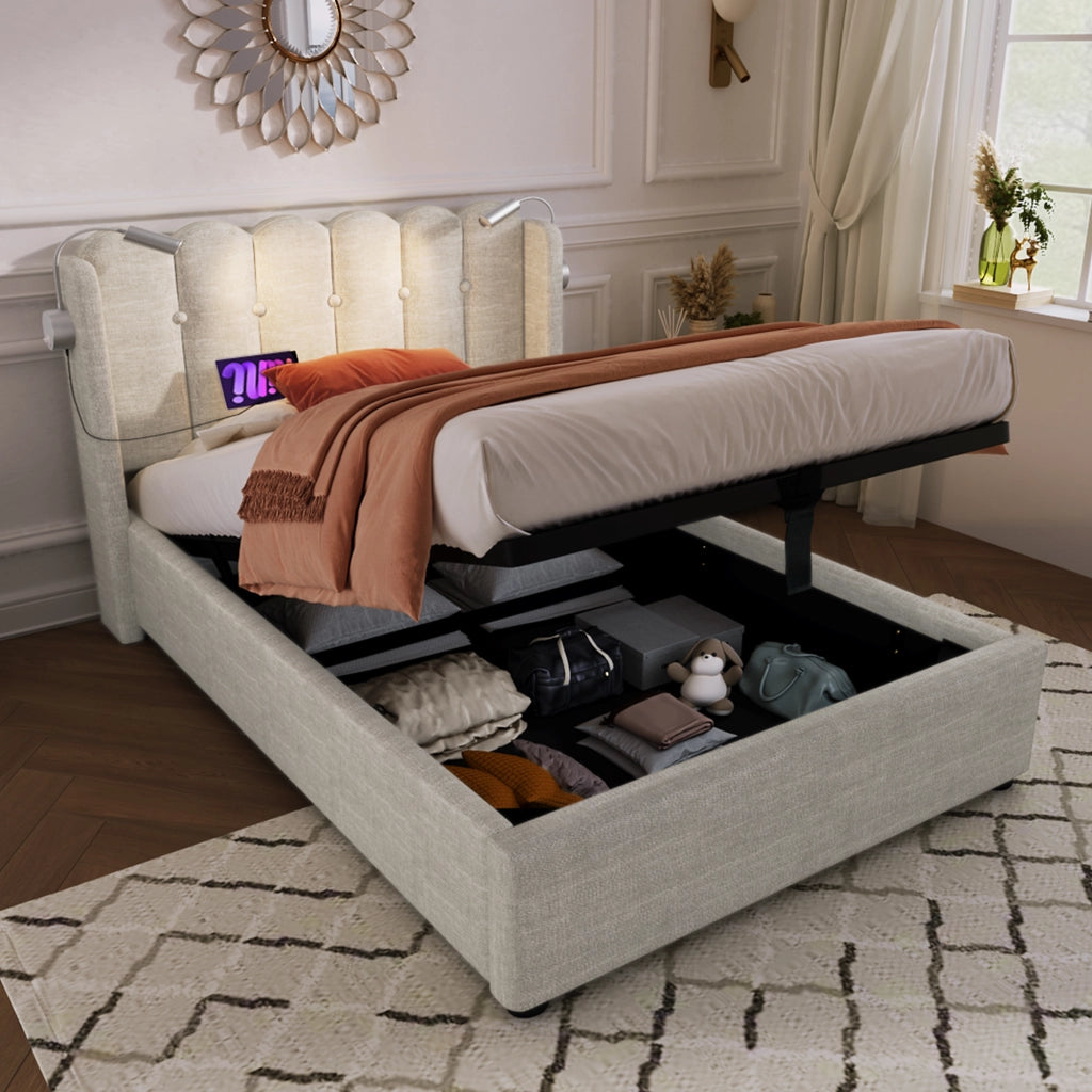 letto imbottito lino beige 90 x 200 cm