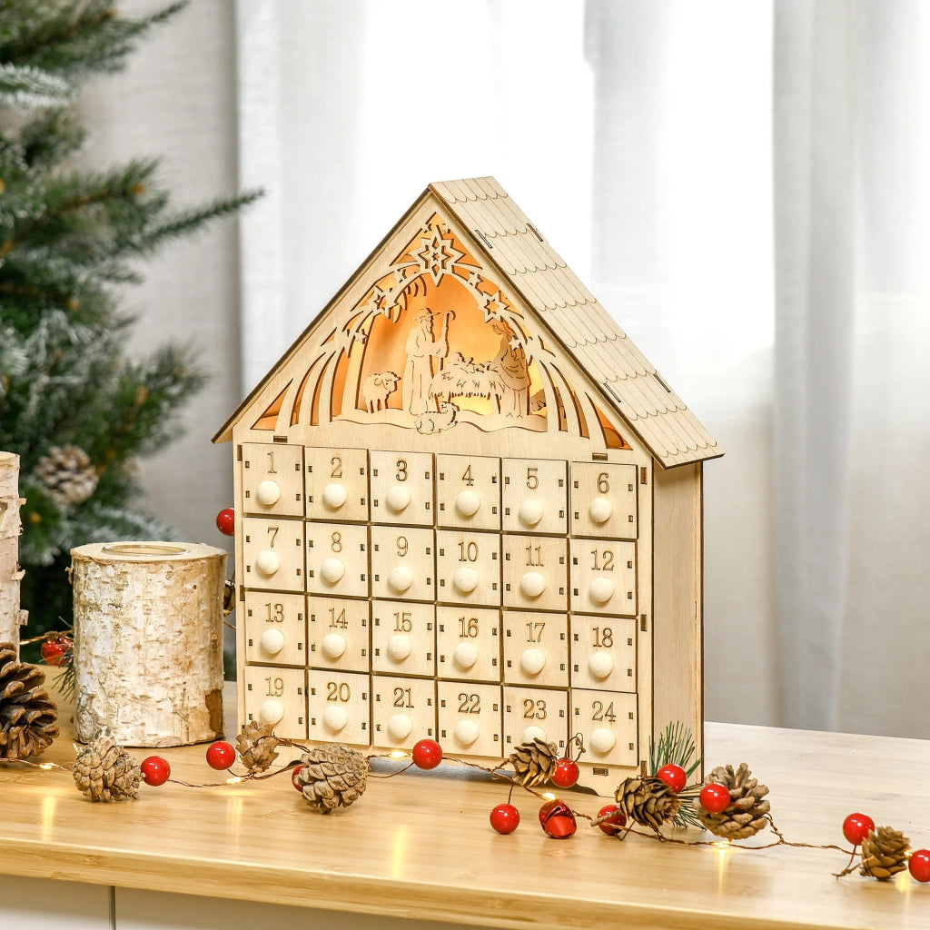 Calendario dell'Avvento in Legno con 24 Cassetti ¨C Xylo ¨C Decorazione Natalizia con Presepe e Luci, 26.6x6x30cm