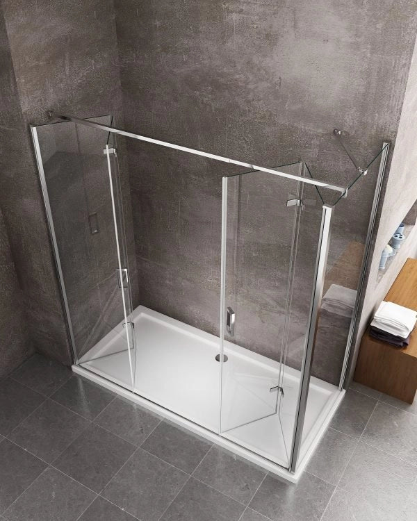 Box cabina doccia con ingresso libero apertura a libro pieghevole e lastra fissa reversibile H 190 cromo trasparente anticalcare misure  62,6-65 Fisso + Porta 178,5-182