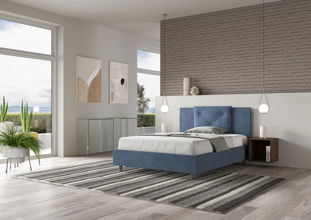 BS COM Letto matrimoniale francese contenitore imbottito 140x210 microfibra blu