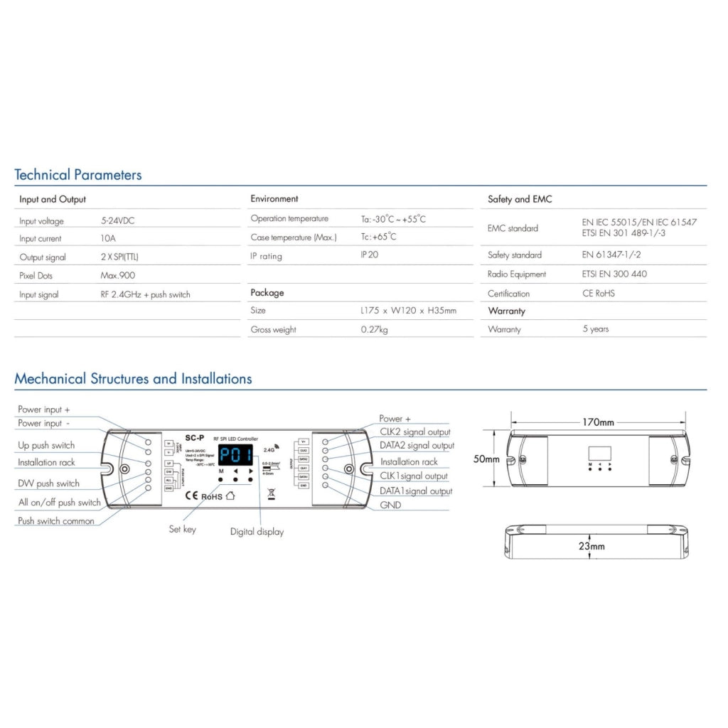 Controller SPI per Strisce LED Running Scale, RF 2.4GHz, 3 Push Pulsanti, 5-24V DC