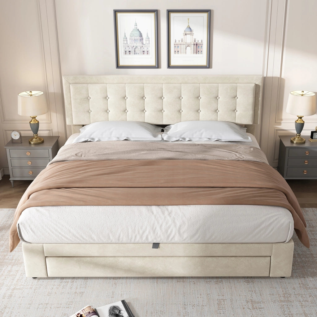 Letto imbottito con cassetti - Xylo - 160x200 - Beige